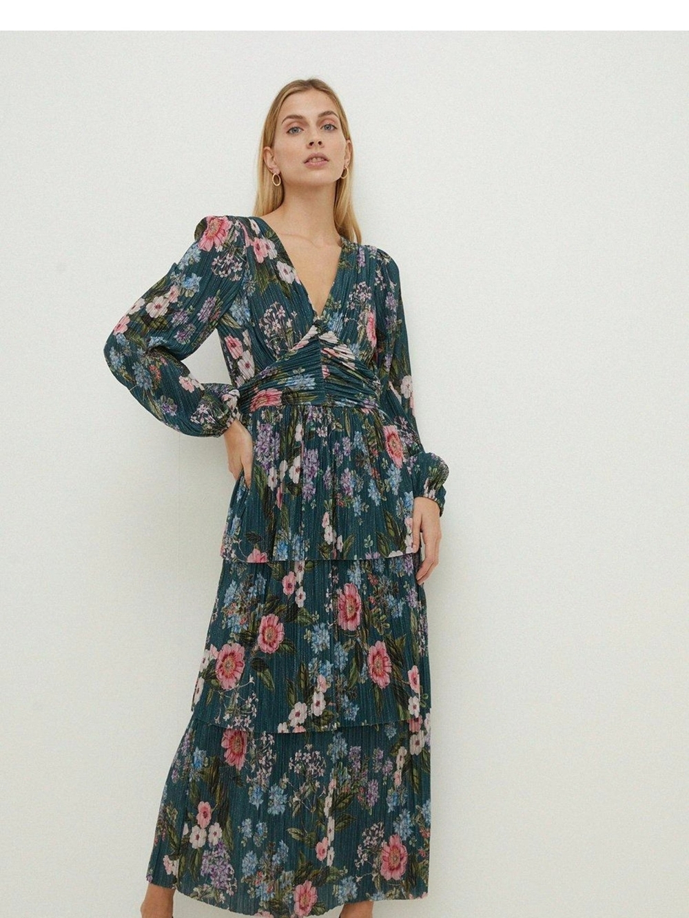 Warehouse Teal Floral Tiered Maxi Dress with Pink Accents